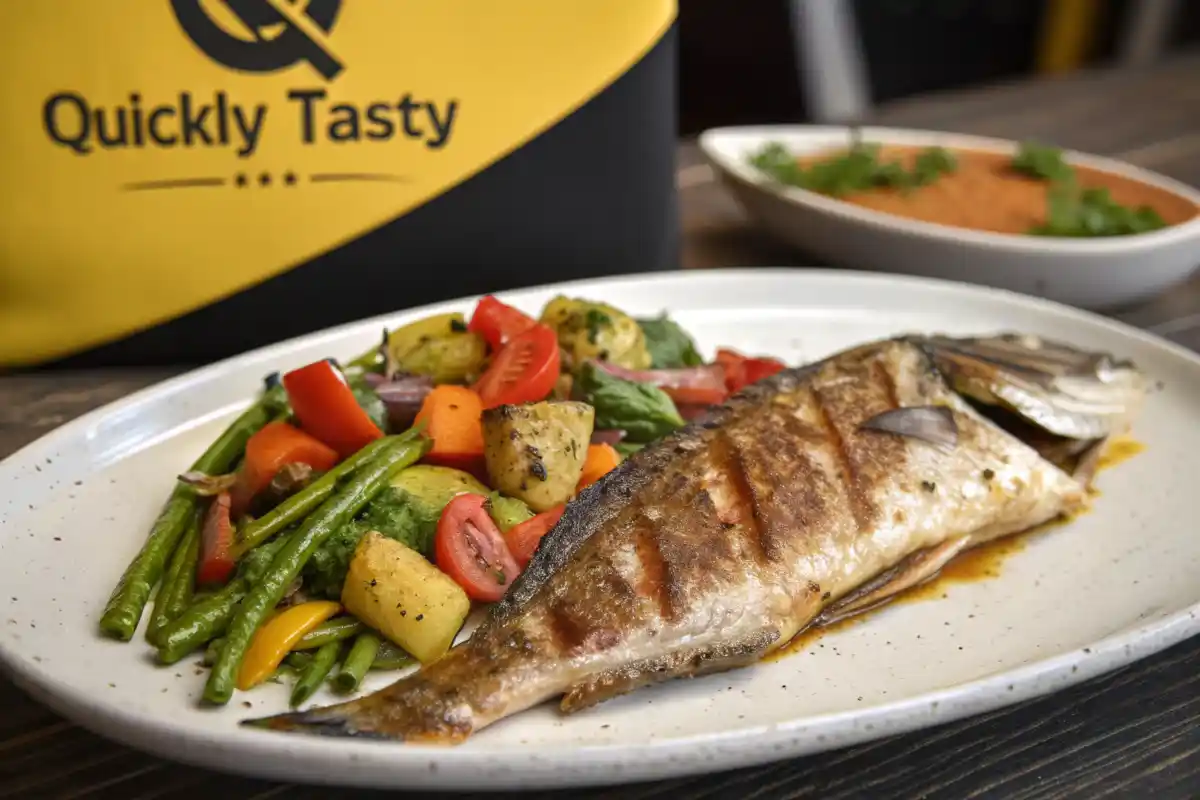 Should I Soak Rockfish Before Cooking? : fillet with roasted vegetables and lemon wedges on a serving plate.