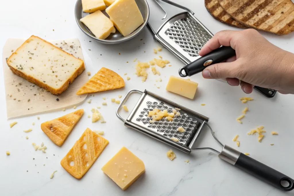 A hand grates cheese onto a marble surface surrounded by various cheeses and a grater.