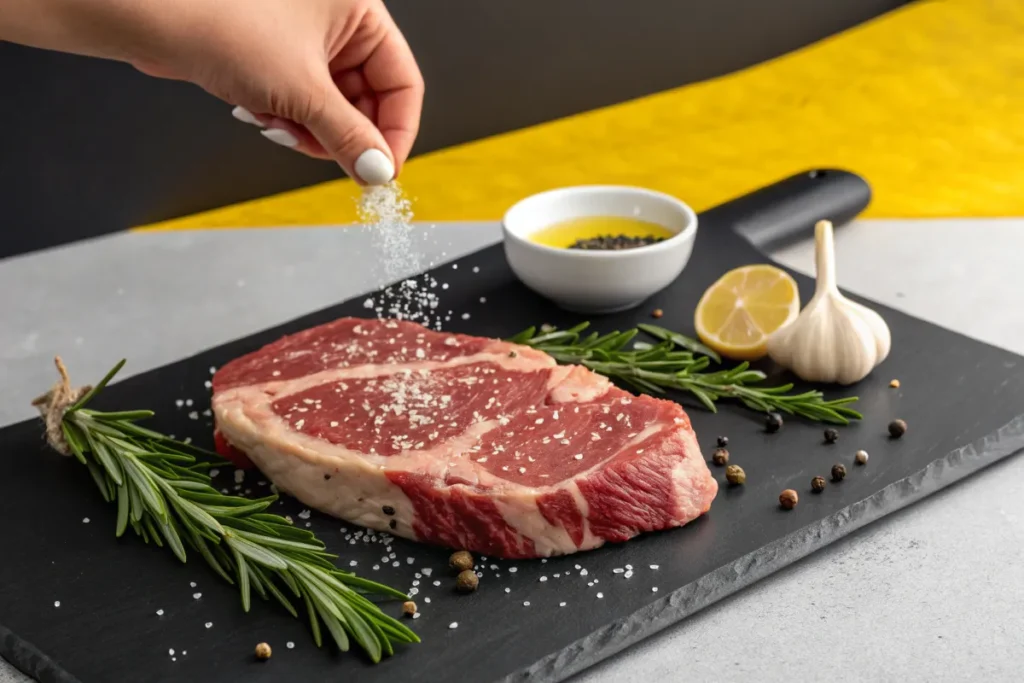 A hand sprinkles salt onto a raw ribeye steak on a black slate cutting board.