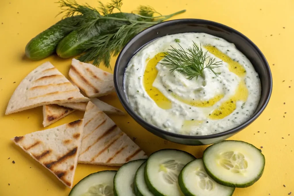 Tzatziki sauce is served in a bowl with pita bread, cucumber slices, and fresh dill on a yellow background.