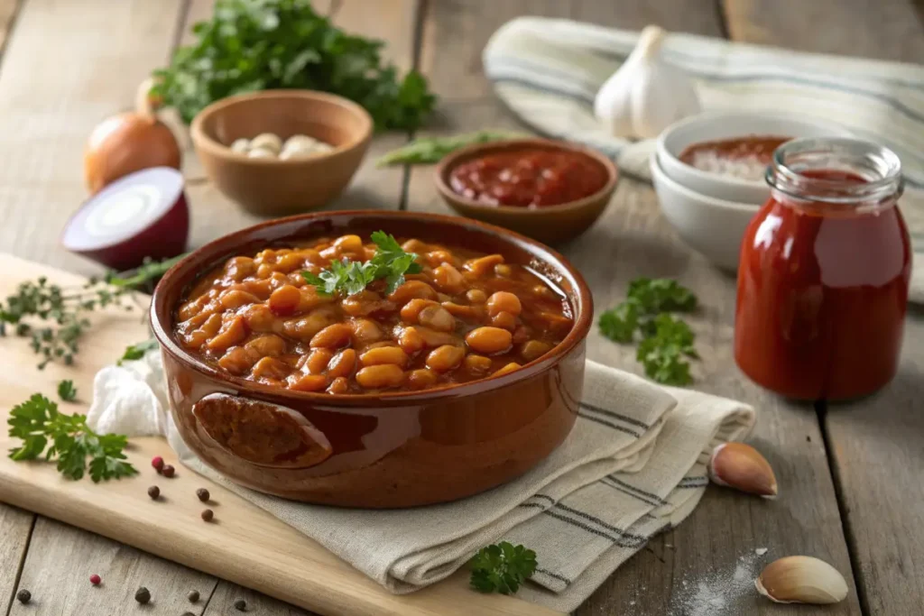 A brown bowl of baked beans sits on a wooden board, garnished with parsley.