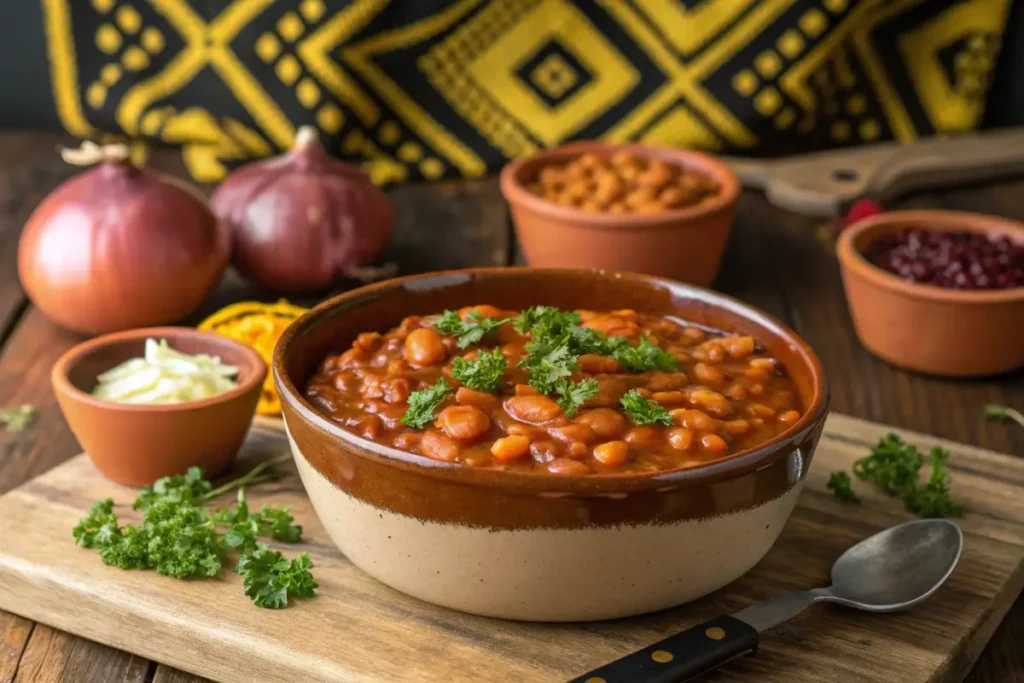 A bowl of baked beans garnished with parsley sits on a wooden cutting board.