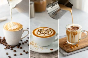 A collage of three images shows various coffee drinks being prepared and served.