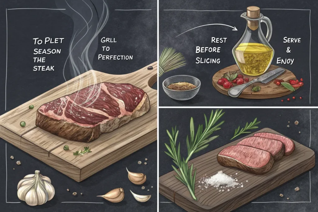 A collage of images shows the steps to grilling a perfect steak, from seasoning to serving.