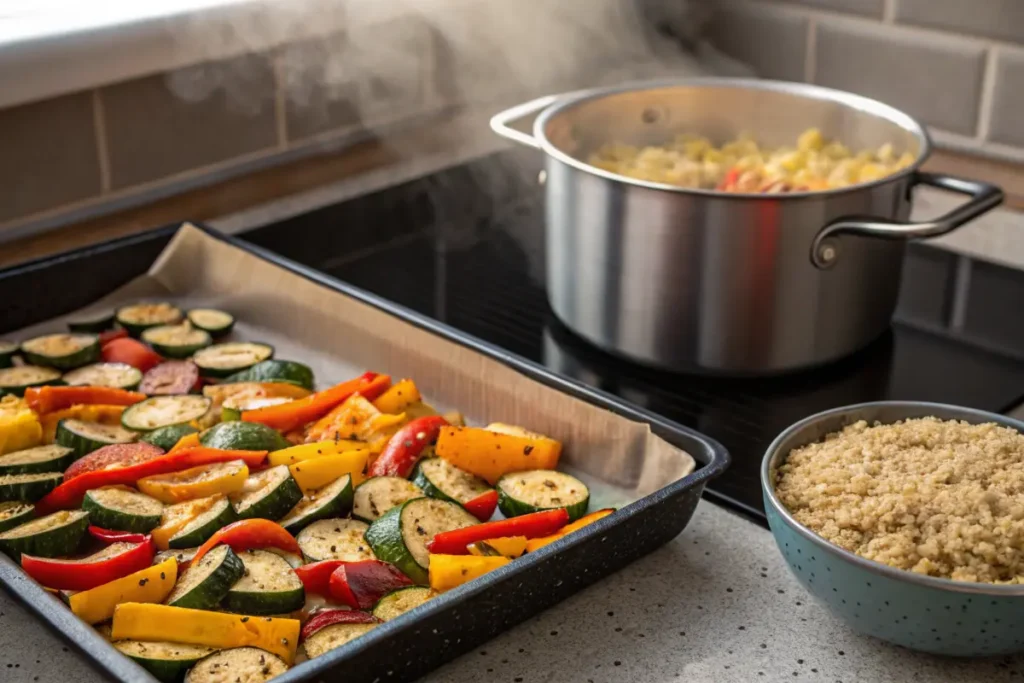 A baking sheet of seasoned zucchini and bell peppers sits beside a pot of steaming food and a bowl of cooked quinoa.