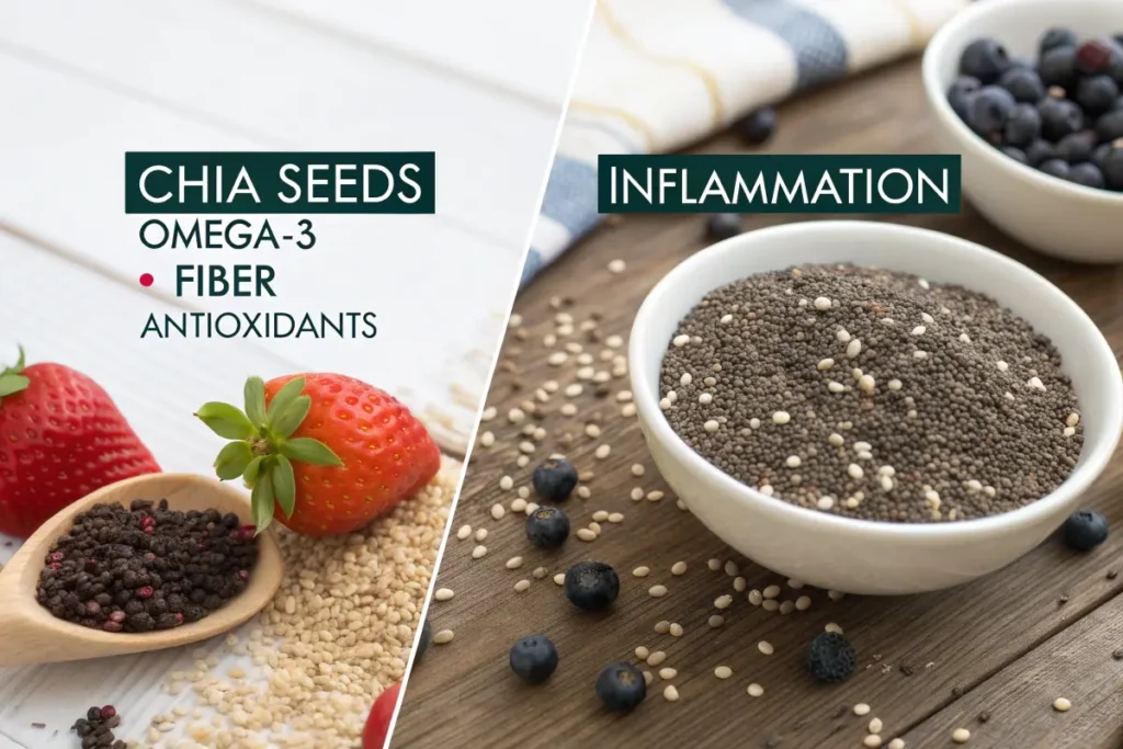 A nutritional comparison of chia seeds highlighting omega-3s, fiber, and antioxidants on a yellow background