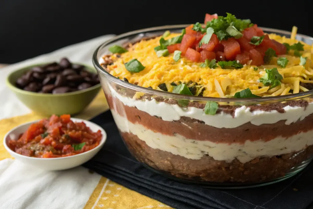 A layered Mexican taco dip ideas in a glass bowl is topped with shredded cheese, diced tomatoes, and cilantro.