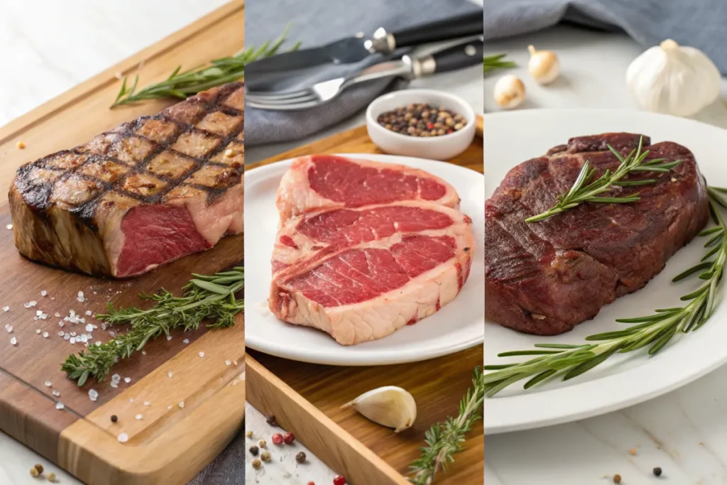 Three images of Delmonico Steak vs. Filet Mignon Delmonico Steak vs. Sirloin Delmonico Steak vs. Ribeye