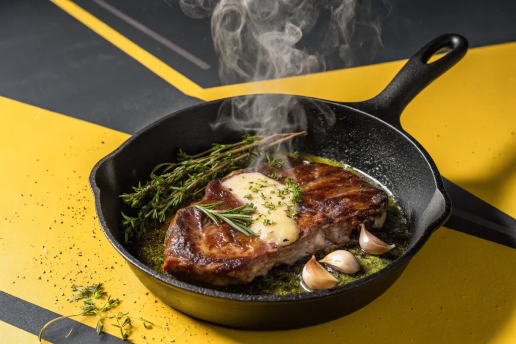 A sizzling steak with garlic and herbs cooks in a cast iron skillet.