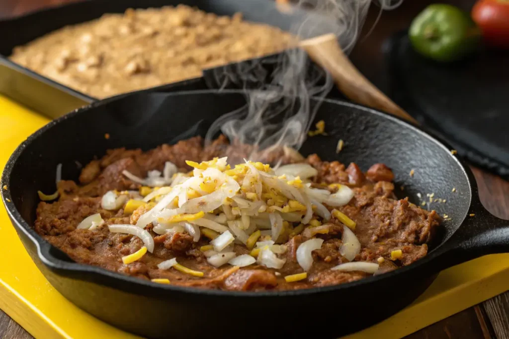 A steaming skillet of refried beans is topped with chopped white onions and shredded yellow cheese.