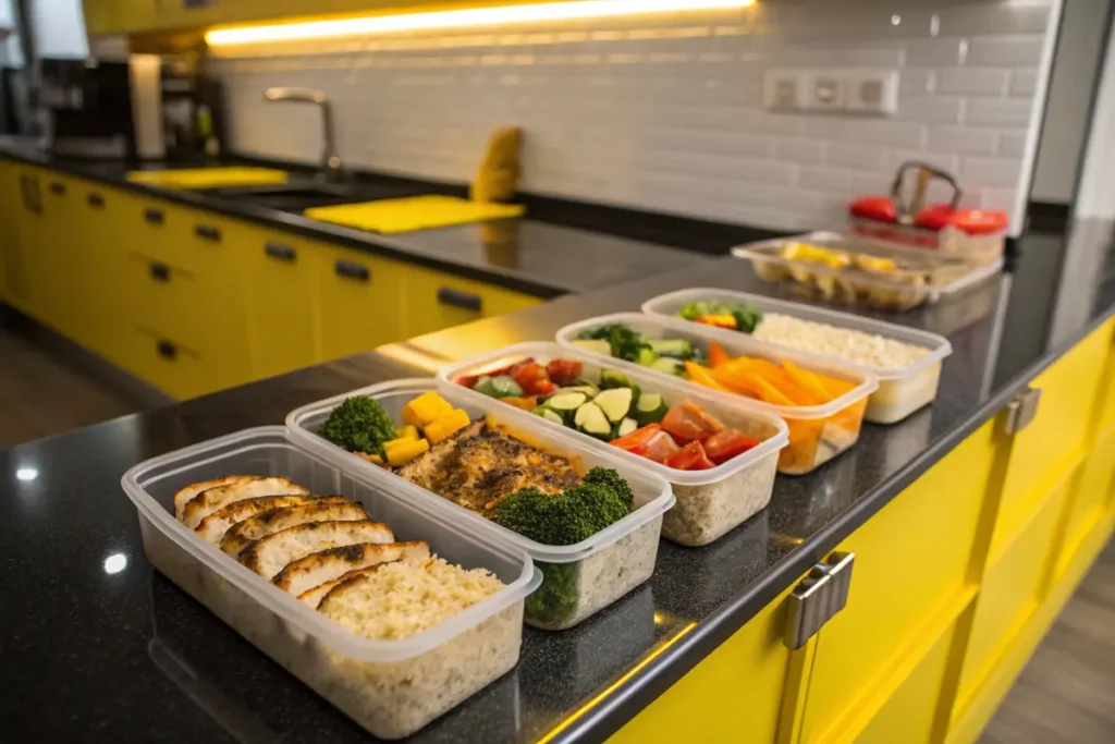 Healthy meal prep for losing weight  food in clear plastic containers sits on a kitchen counter.