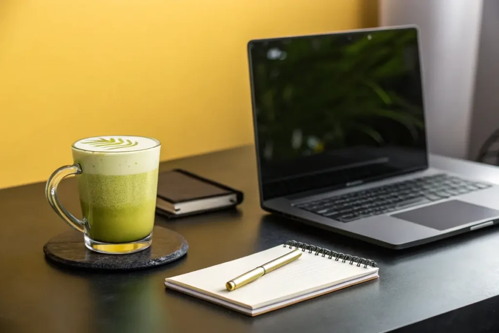 A matcha latte, laptop, notebook, and pen sit on a desk against a yellow wall.