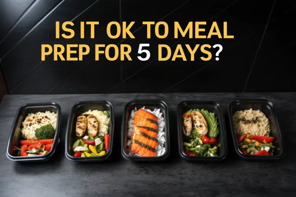 Five meal prep containers are lined up on a black countertop, each with a different healthy meal.