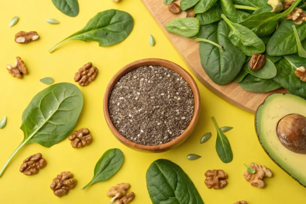 A wooden bowl of chia seeds surrounded by spinach leaves, avocado slices, and walnuts on a yellow surface