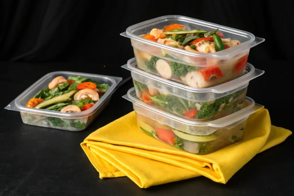 Four clear plastic containers of prepared meals are stacked and displayed on a yellow napkin.