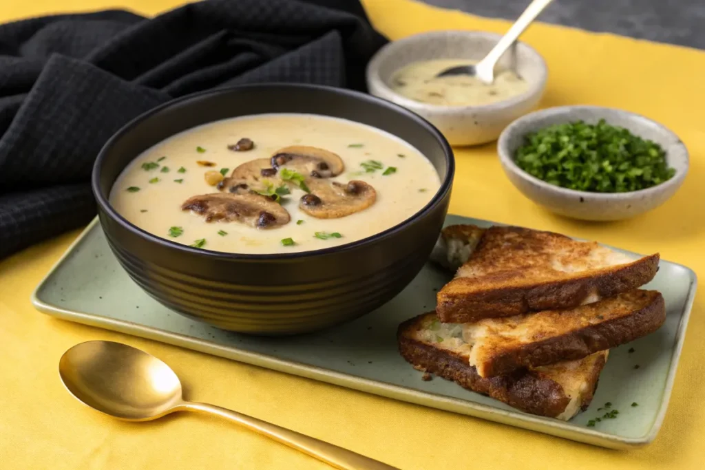 A bowl of creamy mushroom soup is served with grilled cheese sandwiches.