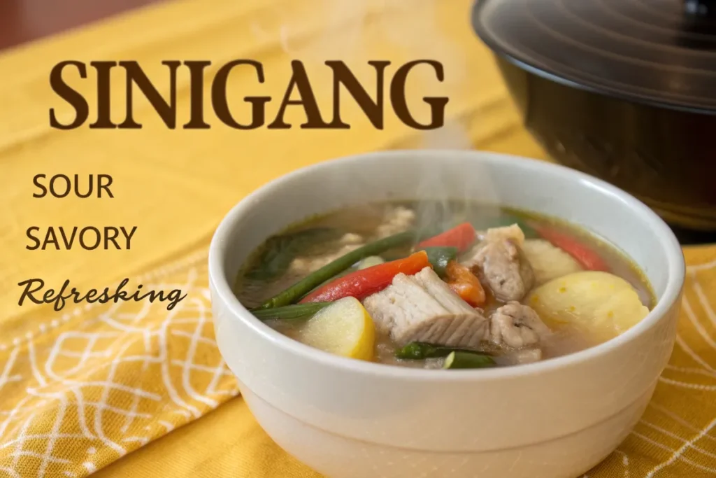 A steaming bowl of Sinigang, a Filipino soup, is filled with meat, vegetables, and broth.