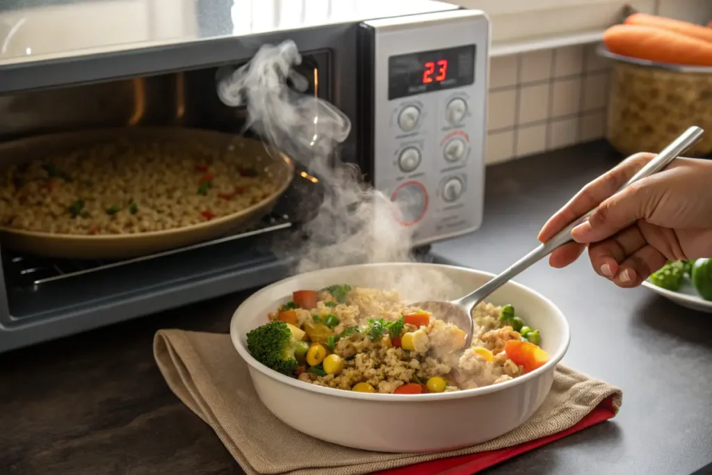 A hand holds a spoon over a bowl of steaming hot food with a microwave in the background.