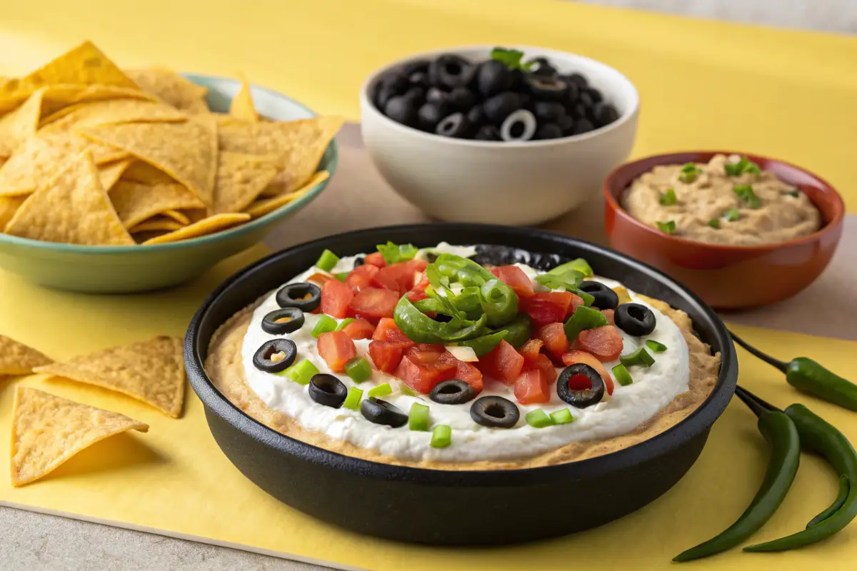 Taco Dip Recipe is topped with tomatoes, olives, and green onions, next to tortilla chips, black olives, and hummus.