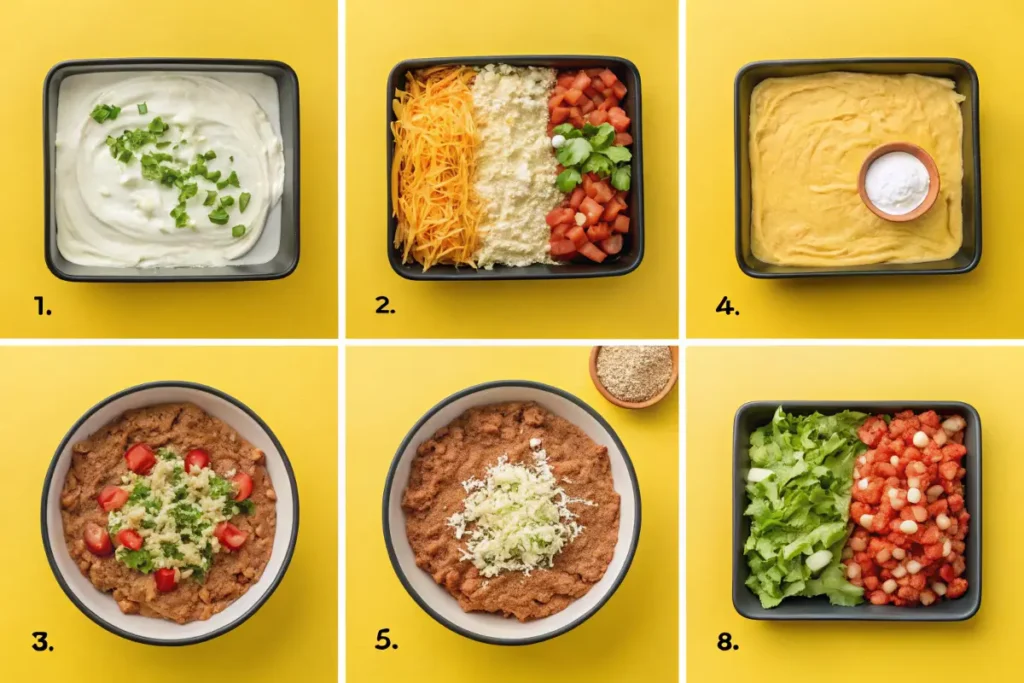 A six-step collage showing how to assemble a layered taco dip.