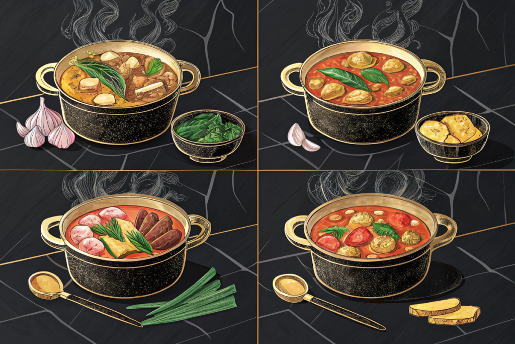 soup sinigang. Four different colorful Thai curries are presented in black and gold pots with accompanying spices and vegetables.