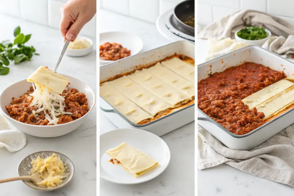 A collage of three photos showing the steps of layering lasagna ingredients in a white baking dish.