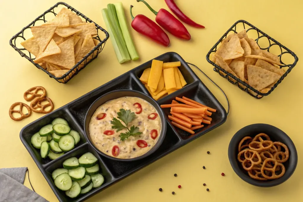 A creamy dip, garnished with chili pepper and herbs, sits on a black serving tray alongside cucumber, carrots, cheese, tortilla chips, and pretzels.