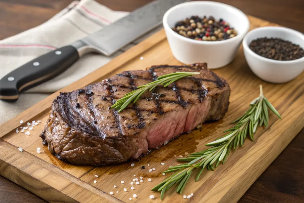 Grilled Delmonico Steakeye steak on a wooden cutting board with rosemary and spices.