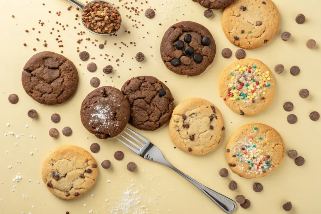 An assortment of cookie genres on a yellow background, including chocolate chip, double chocolate, oatmeal raisin, sugar cookies, and peanut butter cookies, with text reading 'Explore the Most Popular Cookie Varieties