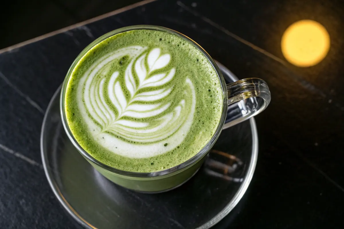 A glass mug holds a matcha latte with latte art on a dark, marbled surface.