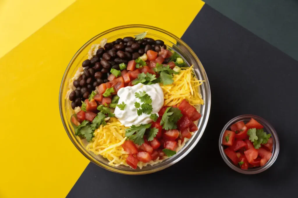 A glass bowl filled with layers of refried beans, chopped tomatoes, shredded cheese, sour cream, and cilantro sits on a two-toned yellow and dark gray background.