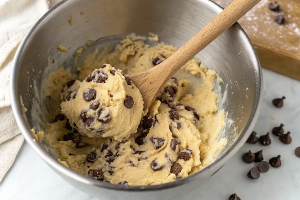 Mixing cookie dough for the most popular chocolate chip cookies