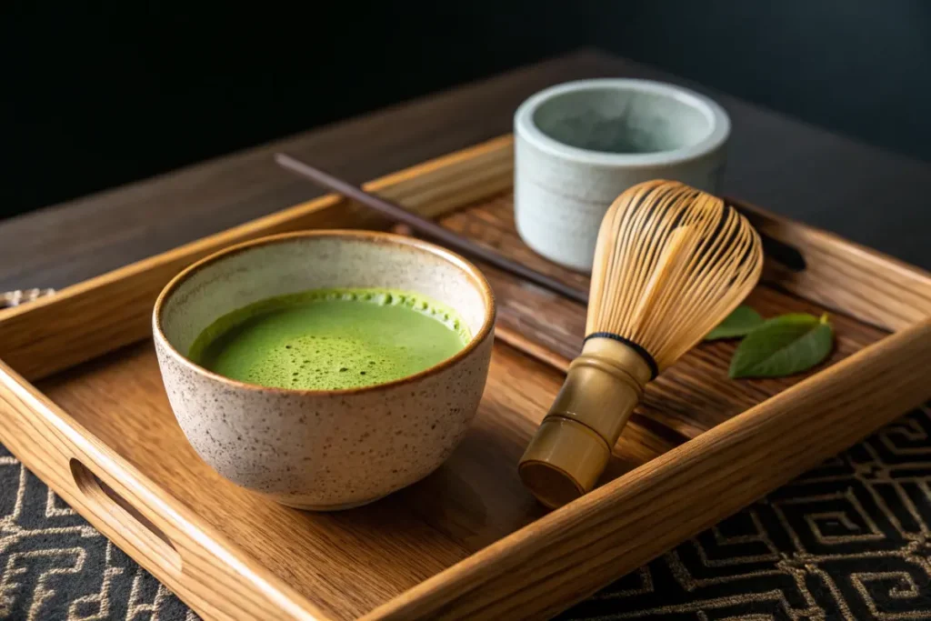 A bowl of frothy green tea sits on a wooden tray next to a bamboo whisk and tea container.