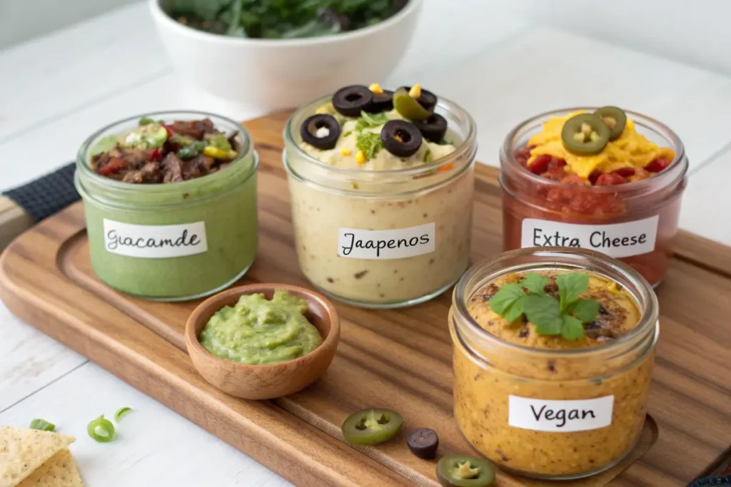 Four jars of dips labeled guacamole, jalapeños, extra cheese, and vegan are arranged on a wooden board.