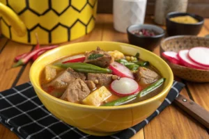 A yellow bowl is filled with hearty stew containing meat, green beans, radishes, and potatoes.