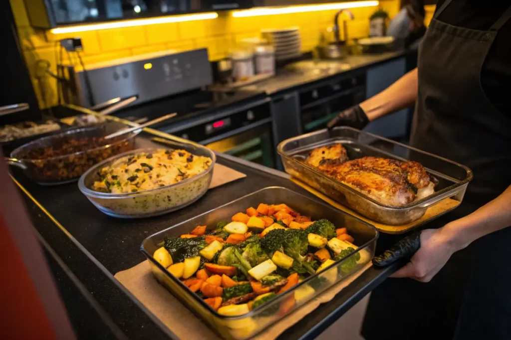 A person wearing black gloves carries a glass dish of roasted meat and vegetables in a restaurant kitchen.