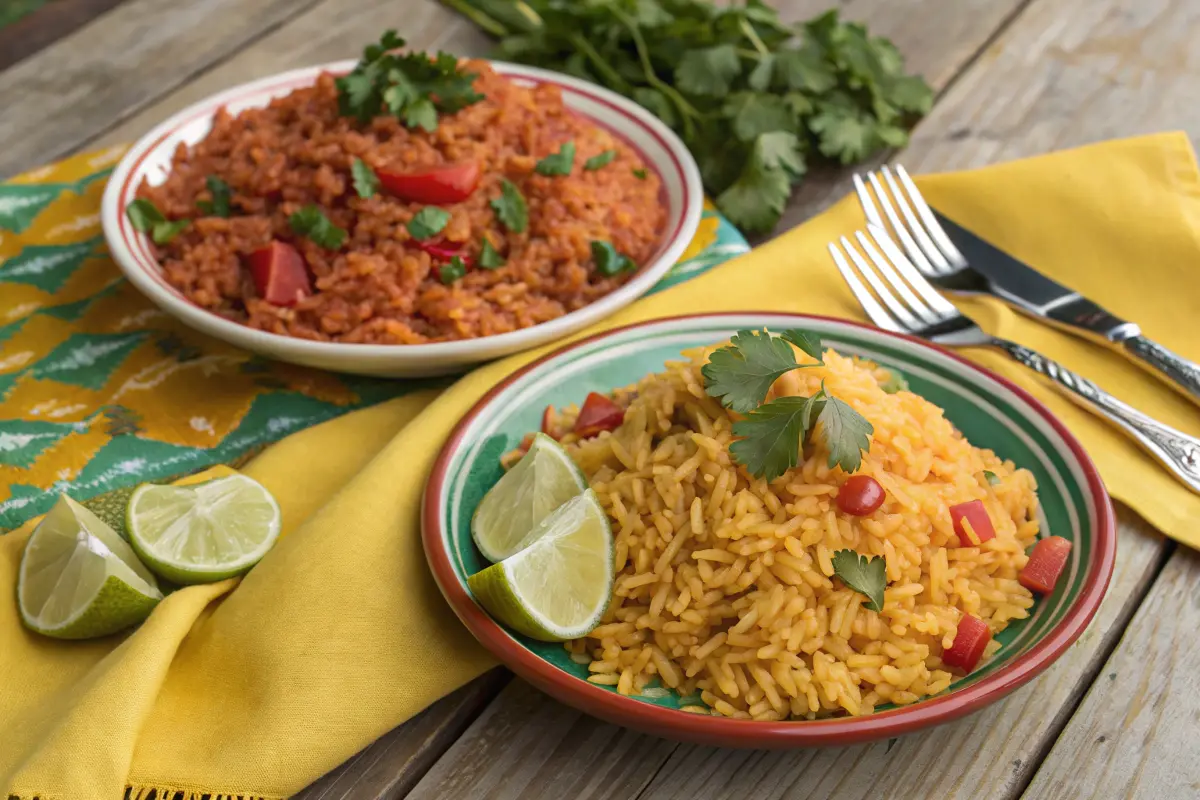 Two plates of seasoned rice with red peppers, cilantro, and lime wedges are served on a wooden table.