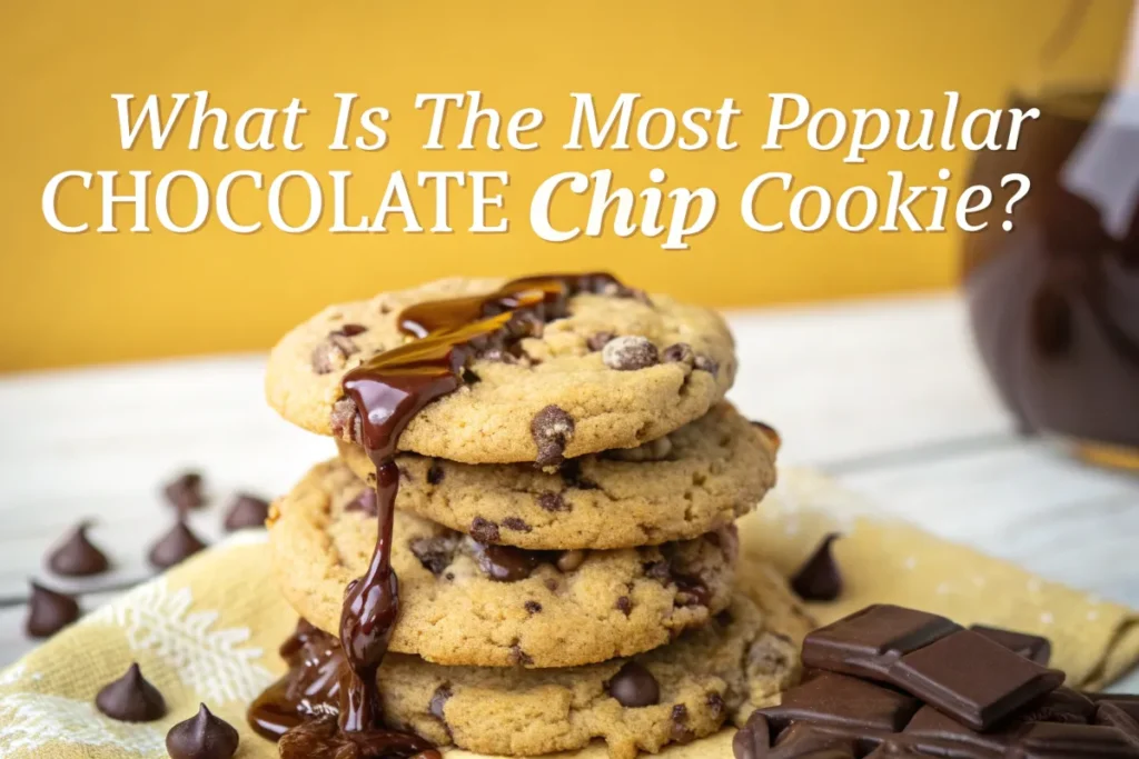 The most popular chocolate chip cookies arranged on a pastel blue background with text reading 'What Is the Most Popular Chocolate Chip Cookie