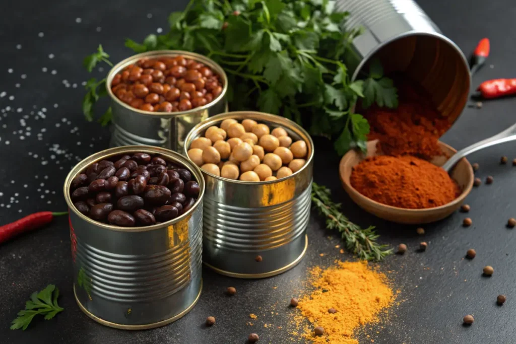 Three open tin cans  and chickpeas are arranged on a dark surface with spices.