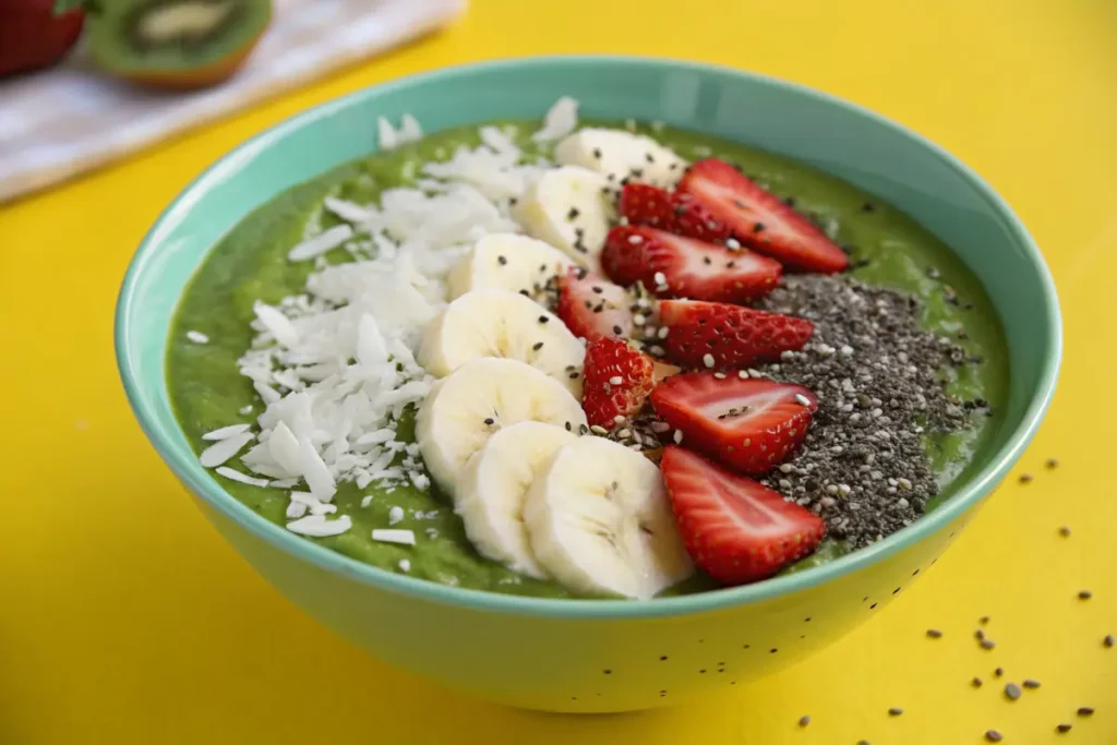 A smoothie bowl topped with chia seeds, banana slices, strawberries, and shredded coconut on a yellow background."