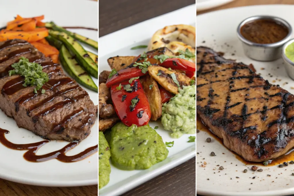 Three images show grilled steak dishes with various vegetable sides.