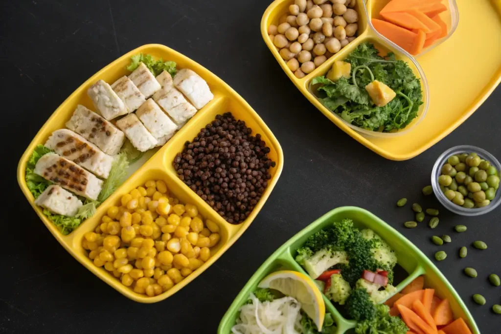 Three compartmentalized plates with various healthy food options are arranged on a black surface.