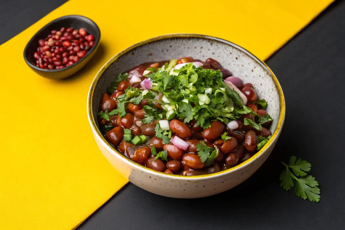 A bowl of kidney beans topped with chopped cilantro, red onions, and green onions sits on a yellow and black background.