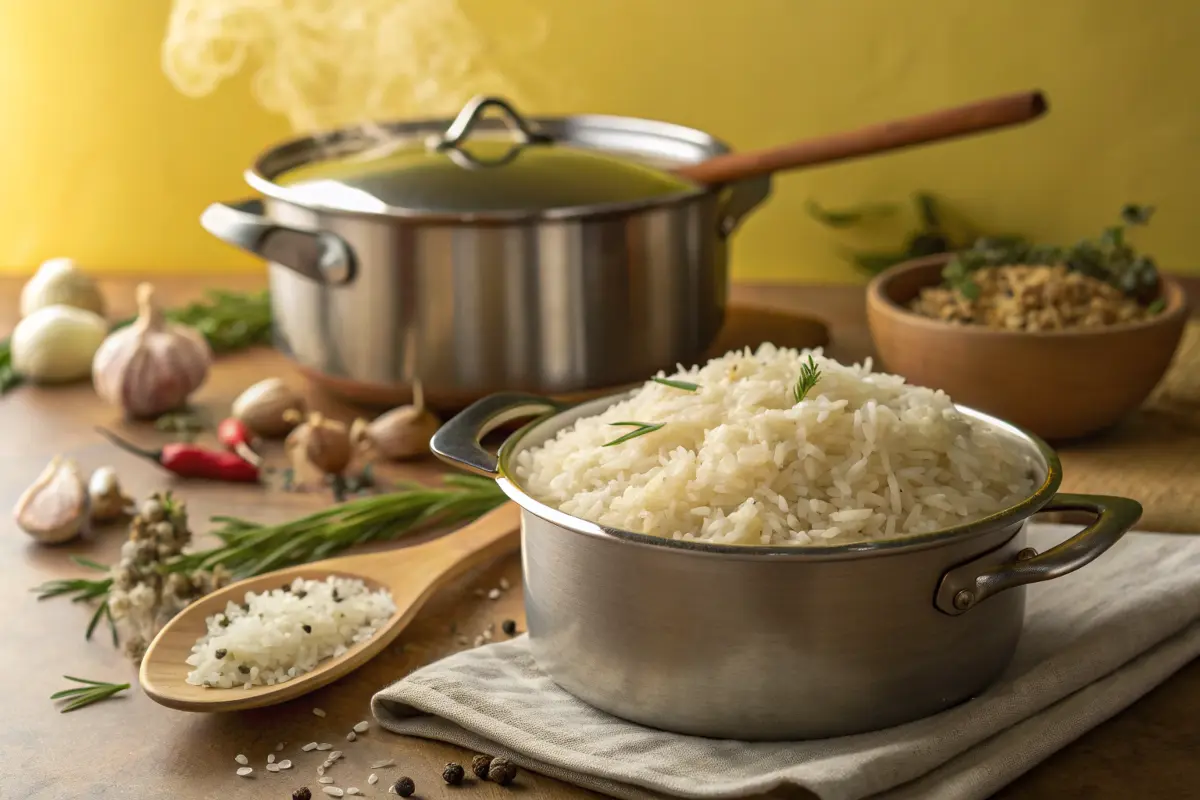 A rustic kitchen scene with cooked basmati rice in a pot, steaming, and a pot of white rice in the background.