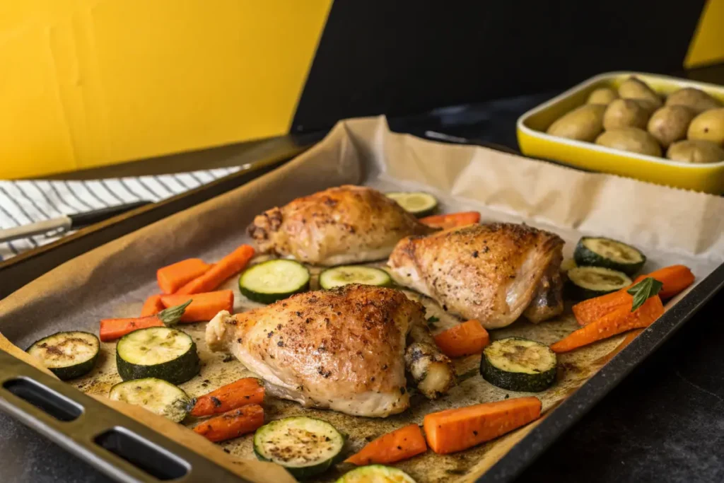 Three roasted chicken thighs are on a baking sheet with sliced carrots and zucchini.