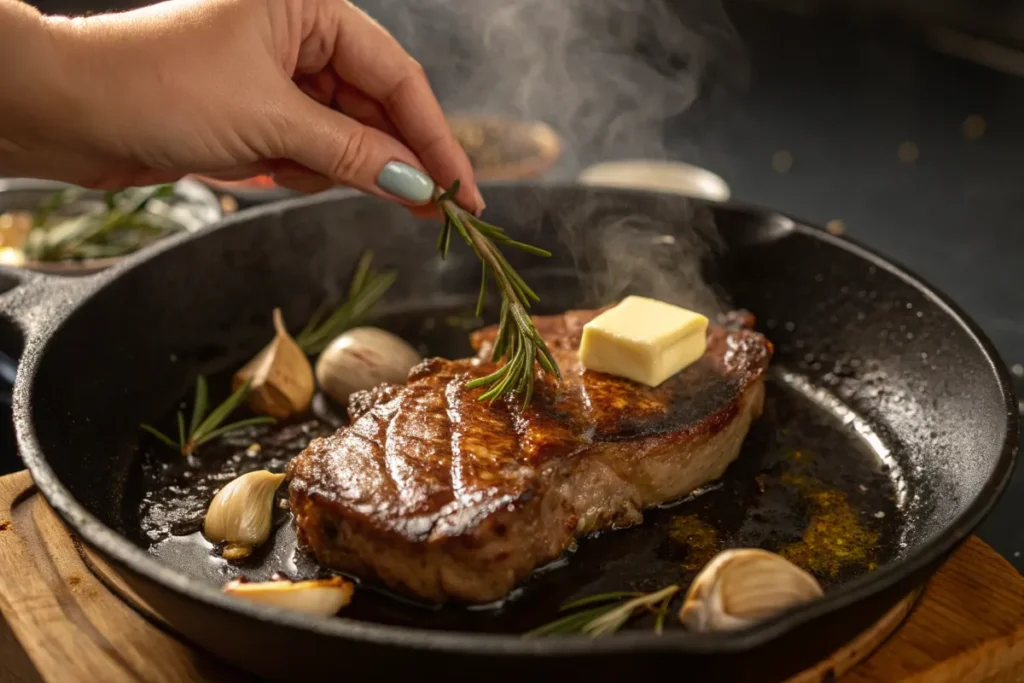 A hand sprinkles rosemary over a juicy steak with a pat of melting butter in a hot cast iron skillet.