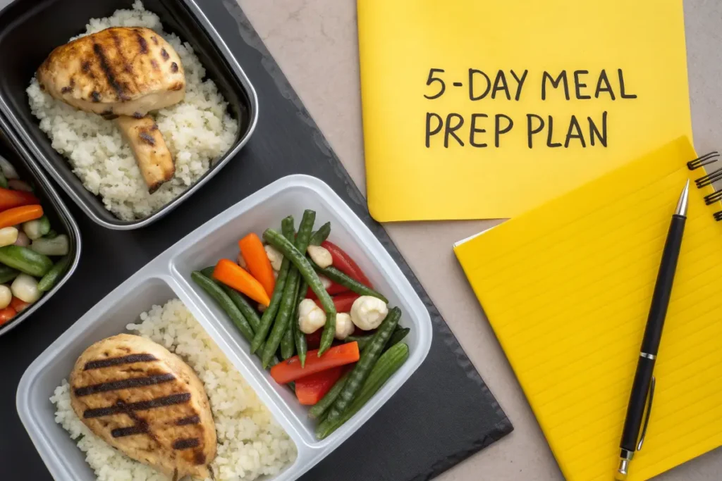 Meal prep containers with grilled chicken, rice, and vegetables are next to a 5-Day Meal Prep Plan notepad.