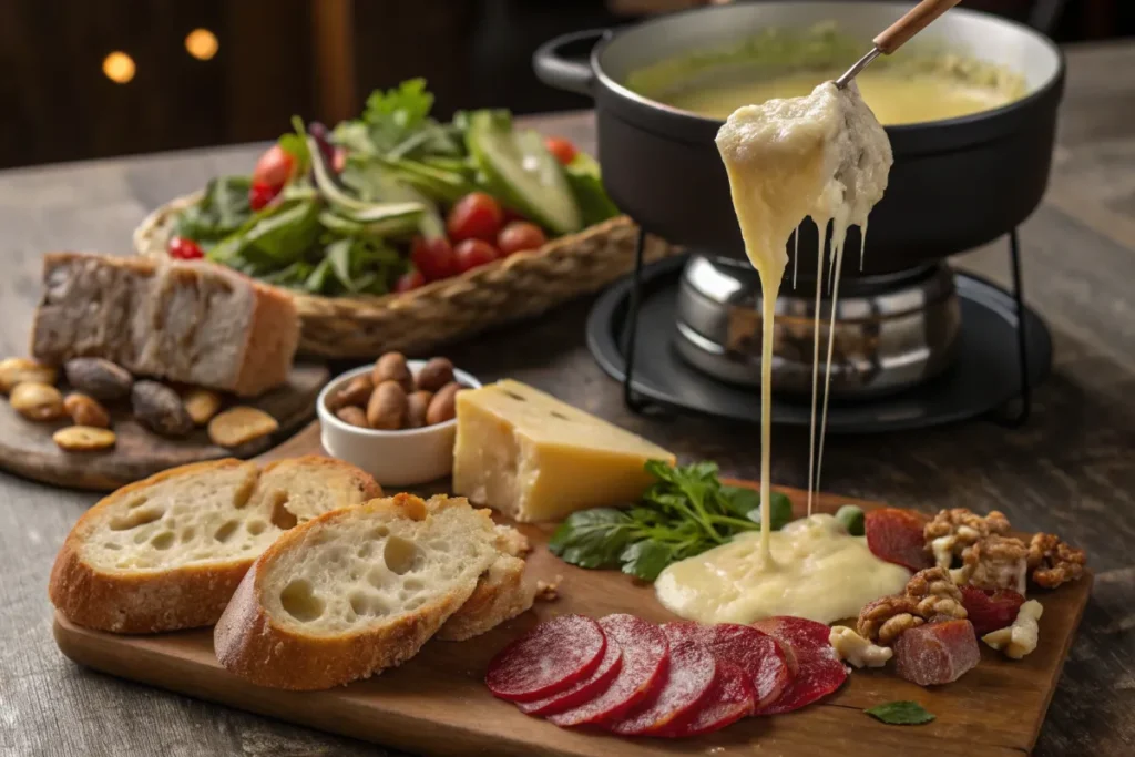 A fork lifts melted cheese from a fondue pot, with a wooden board of bread, meat, nuts, and cheese in the foreground.