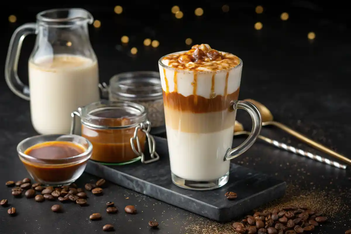 A beautifully layered coffee drink with espresso, milk, and caramel drizzle, served in a clear glass.