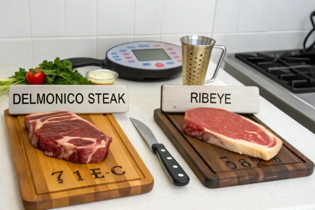 Two cuts of raw steak, Delmonico and ribeye, sit on cutting boards.